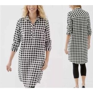 J Jill Dress Size Small Gingham Shirt Dress Black Cream Pockets Long Sleeve